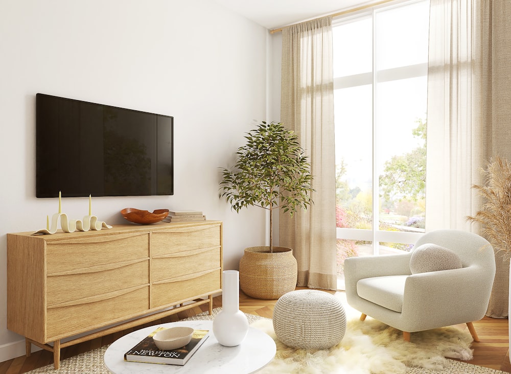 Wall-mounted TV in a bright living room with no visible wires